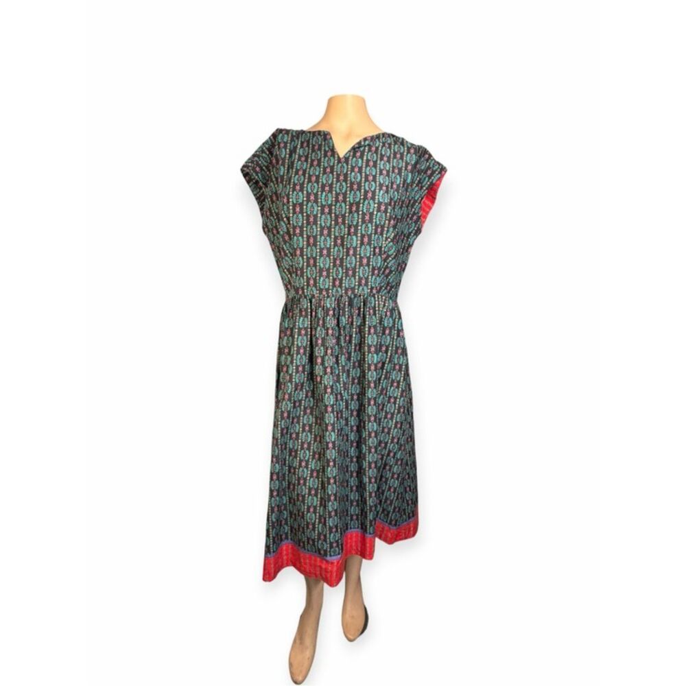Handmade Black Floral Midi Dress with Red Border